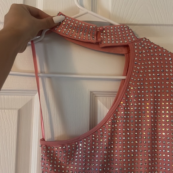 light pink, rhinestone, one sleeved, choker pencil dress - Picture 3 of 4